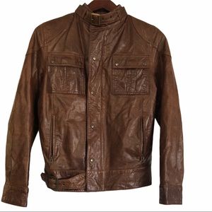 Maybe Brown Leather Cafe Racer Jacket, Size S